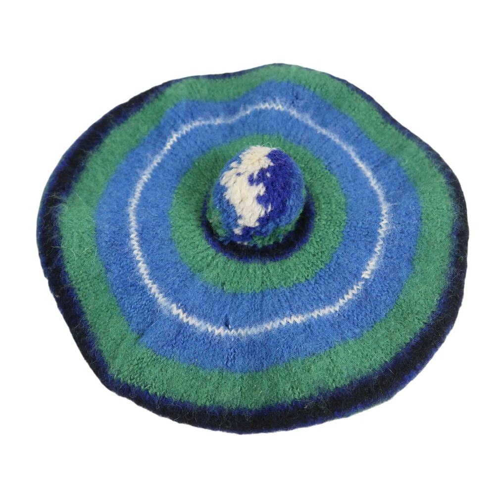 Vintage Ancient Douglas Blue and Green Stripe Wool Beret Hat Bobble Scottish - Picture 1 of 8